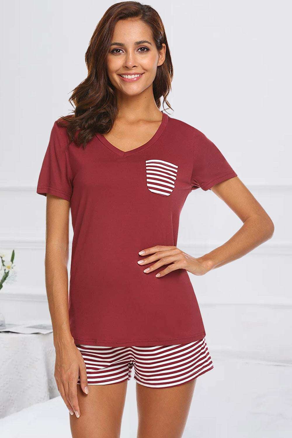Striped Short Sleeve Top and Shorts Lounge Set - Trendsi - Flyclothing LLC