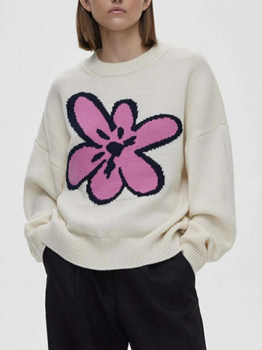Flower Ribbed Hem Round Neck Sweater - Trendsi - Flyclothing LLC