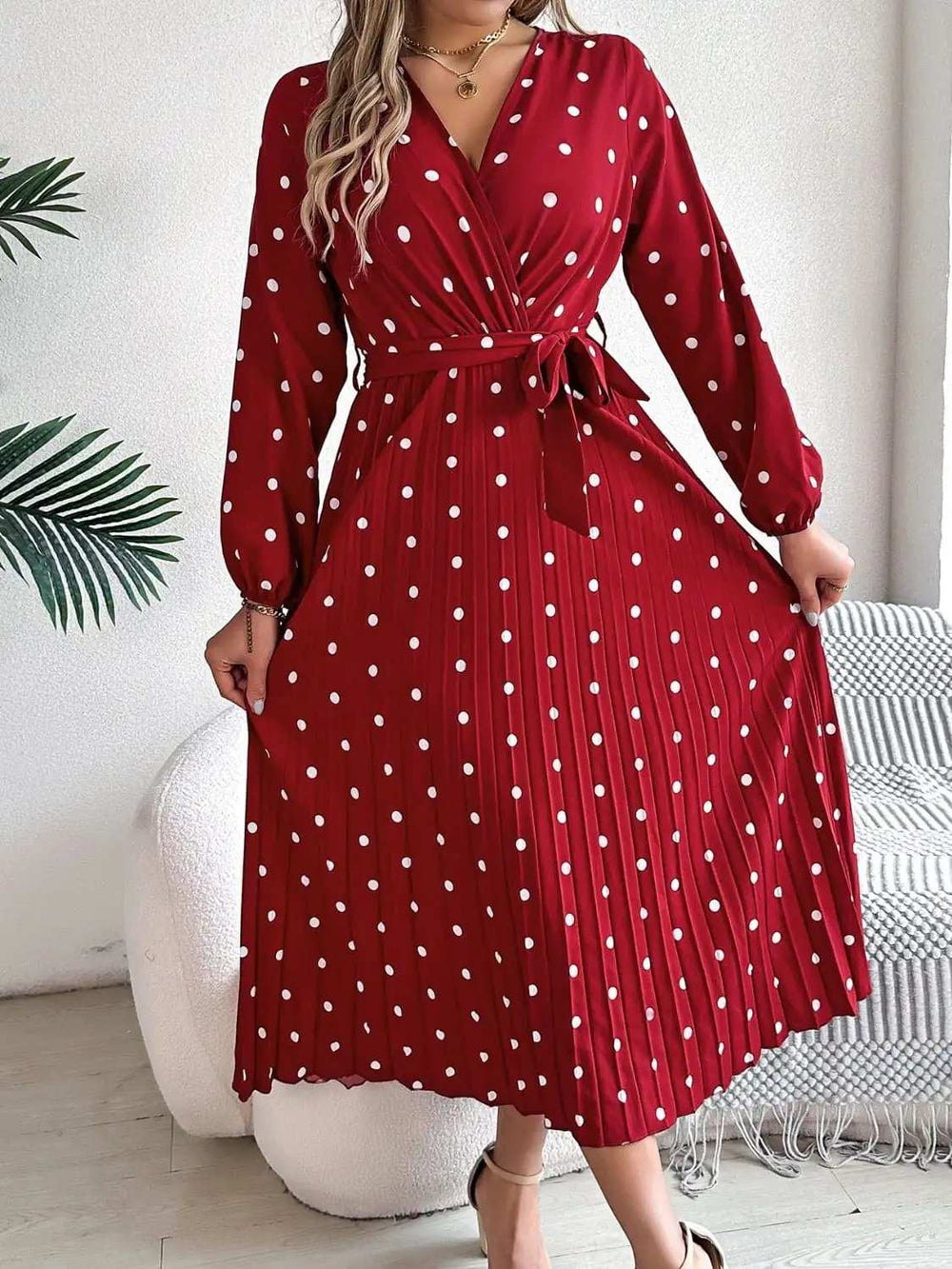 Tied Polka Dot Long Sleeve Midi Dress - Trendsi - Flyclothing LLC