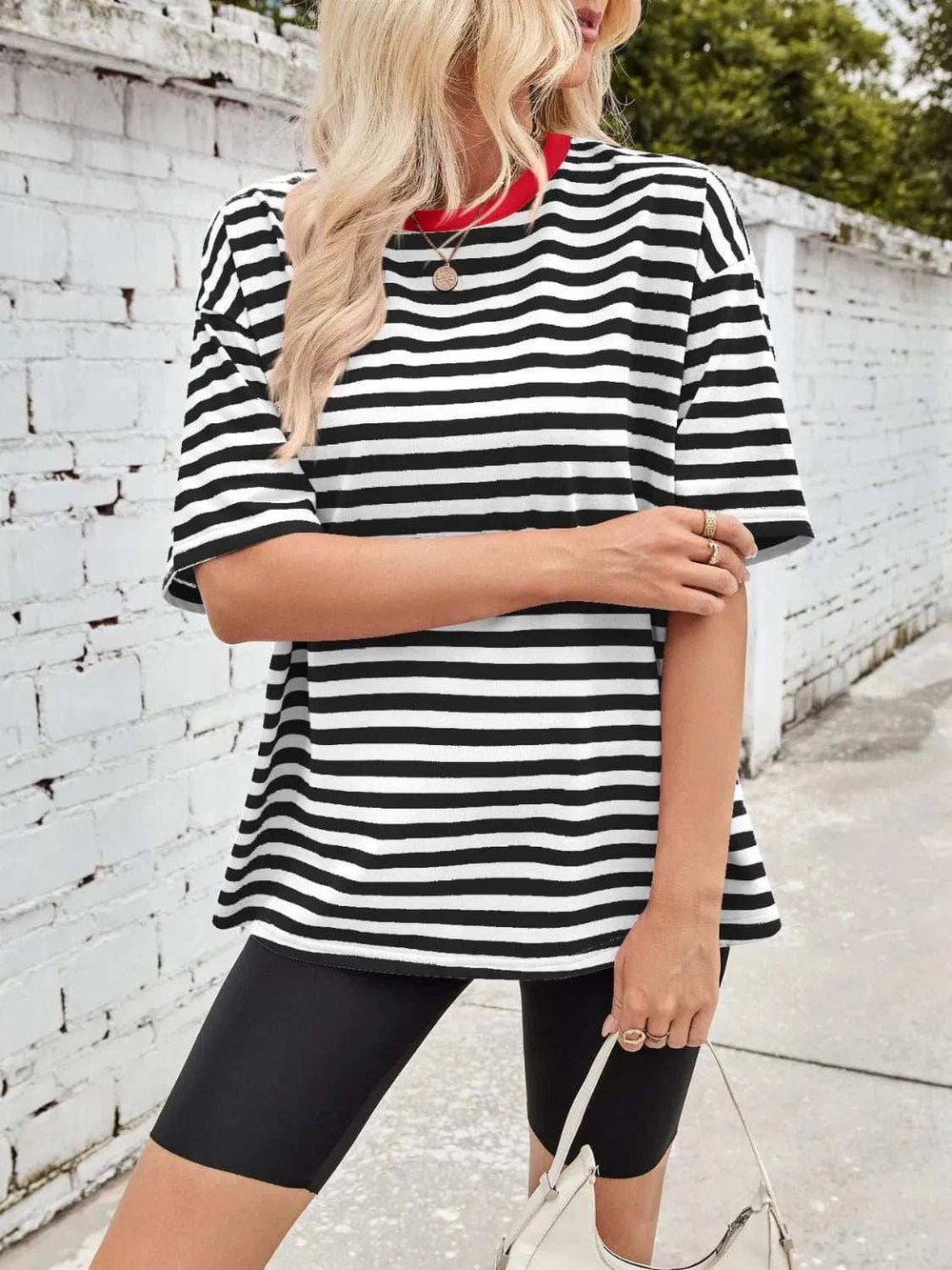 Contrast Striped Round Neck T-Shirt - Trendsi - Flyclothing LLC