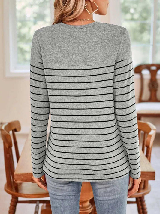Lovelet Quarter Button Striped Round Neck Long Sleeve T-Shirt - Trendsi - Flyclothing LLC