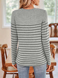 Lovelet Quarter Button Striped Round Neck Long Sleeve T-Shirt - Trendsi - Flyclothing LLC