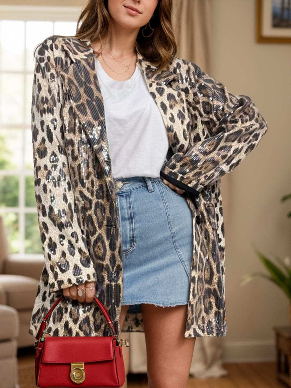 Leopard Lapel Collar Long Sleeve Longline Blazer - Trendsi - Flyclothing LLC