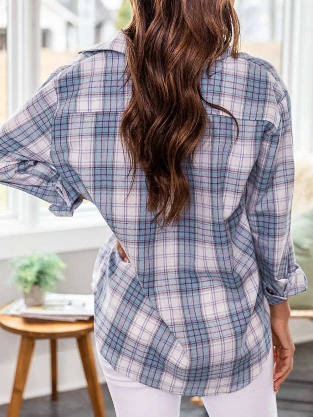 Plaid Collared Neck Long Sleeve Shirt - Trendsi - Flyclothing LLC