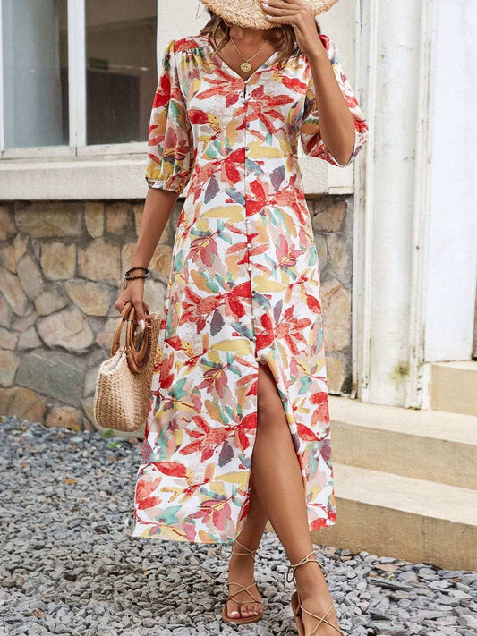 Printed V-Neck Half Sleeve Midi Dress - Trendsi - Flyclothing LLC