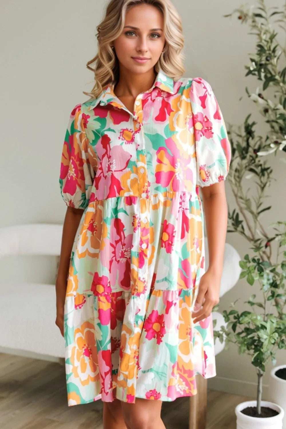 Button Down Floral Puff Sleeve Babydoll Dress - Trendsi - Flyclothing LLC