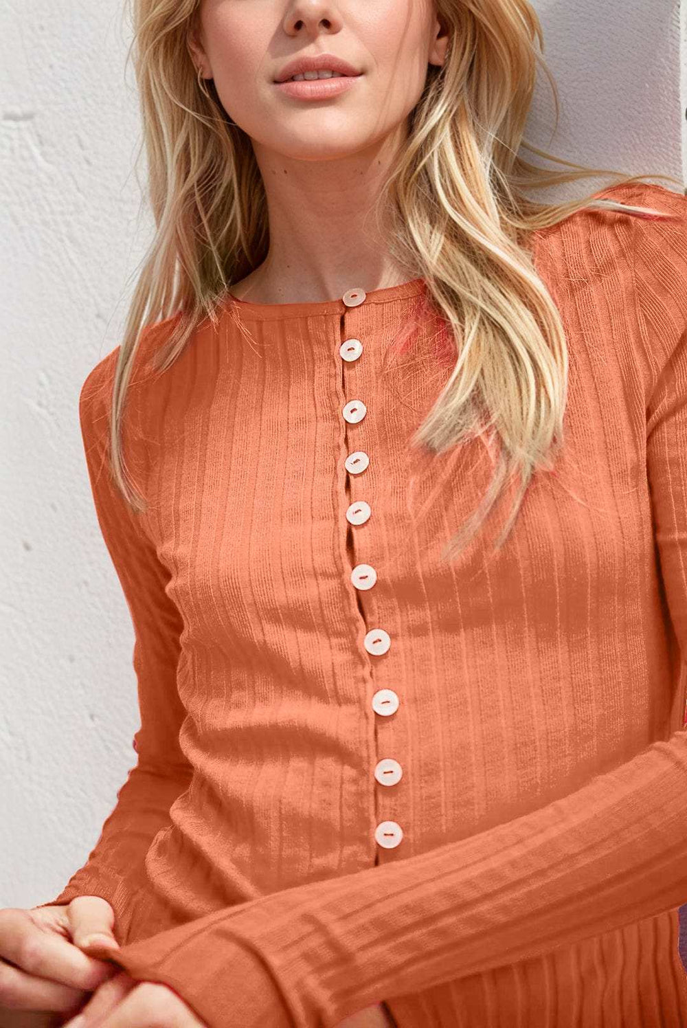 Basic Bae Texture Button Up Round Neck Long Sleeve Top - Trendsi - Flyclothing LLC