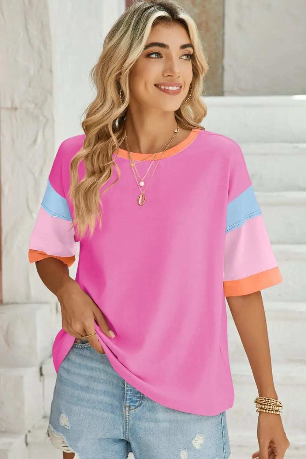 Lovelet Color Block Round Neck Half Sleeve T-Shirt - Trendsi - Flyclothing LLC