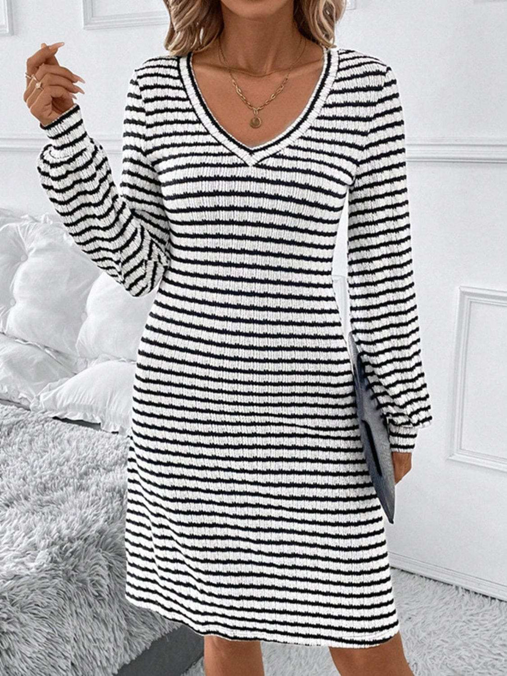 Striped V-Neck Long Sleeve Dress - Trendsi - Flyclothing LLC