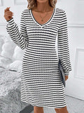 Striped V-Neck Long Sleeve Dress - Trendsi - Flyclothing LLC