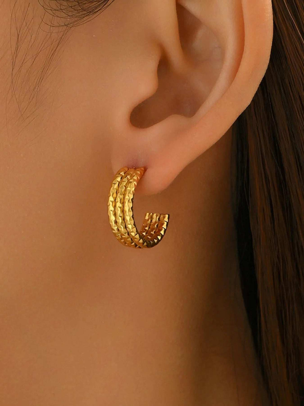 18K Gold-Plated Textured Triple Band Hoop Earrings - Trendsi - Flyclothing LLC