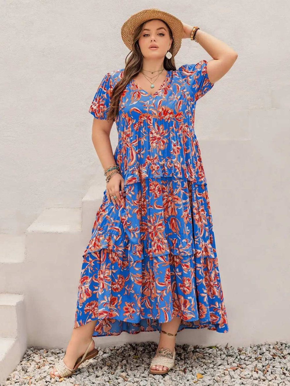 Plus Size Ruffled Printed V-Neck Short Sleeve Maxi Dress - Trendsi - Flyclothing LLC