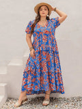 Plus Size Ruffled Printed V-Neck Short Sleeve Maxi Dress - Trendsi - Flyclothing LLC
