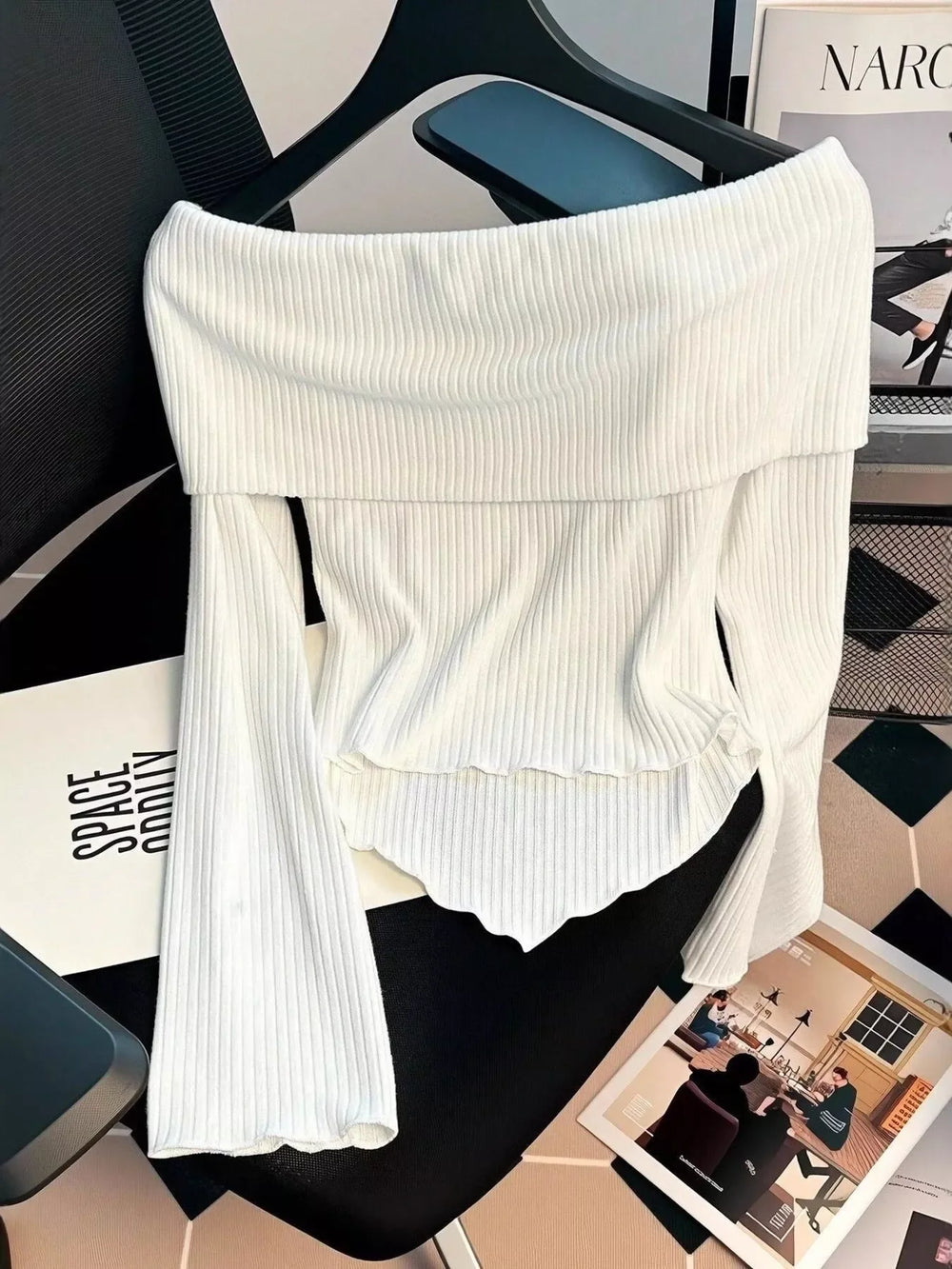 Off-Shoulder Bowknot Ribbed Knit T-Shirt - Trendsi - Flyclothing LLC