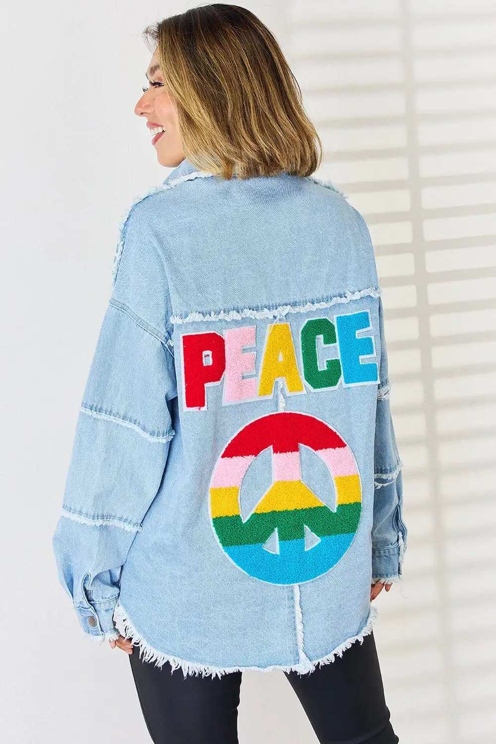 PEACE Raw Hem Dropped Shoulder Denim Top - Trendsi - Flyclothing LLC