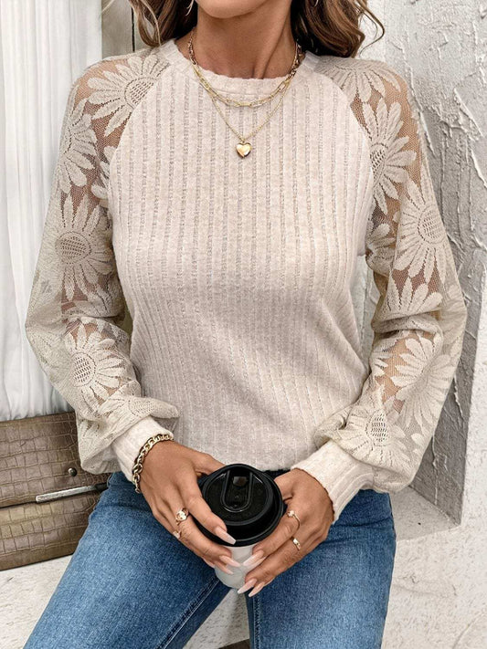 Round Neck Lace Patchwork Long Sleeve Top - Trendsi - Flyclothing LLC