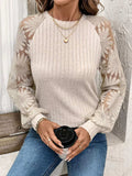 Round Neck Lace Patchwork Long Sleeve Top - Trendsi - Flyclothing LLC
