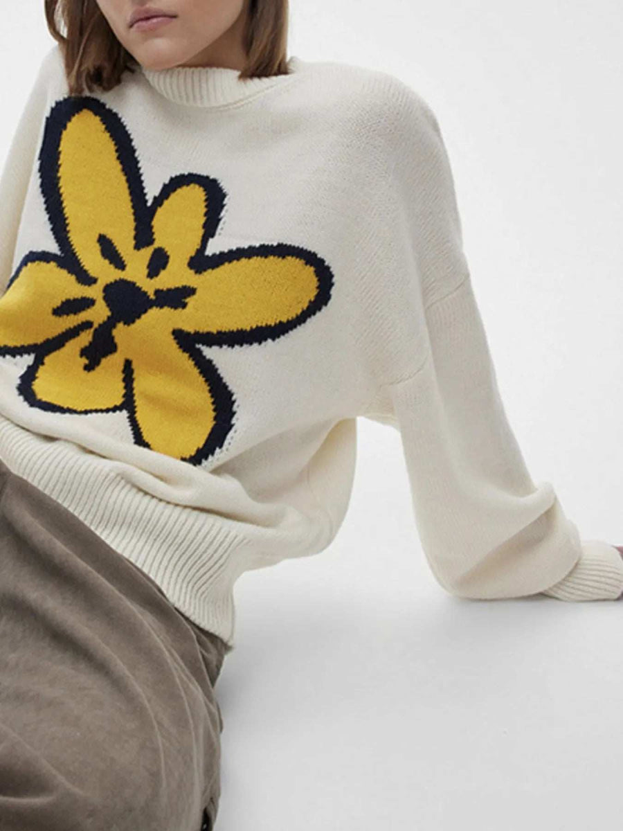 Flower Ribbed Hem Round Neck Sweater - Trendsi - Flyclothing LLC