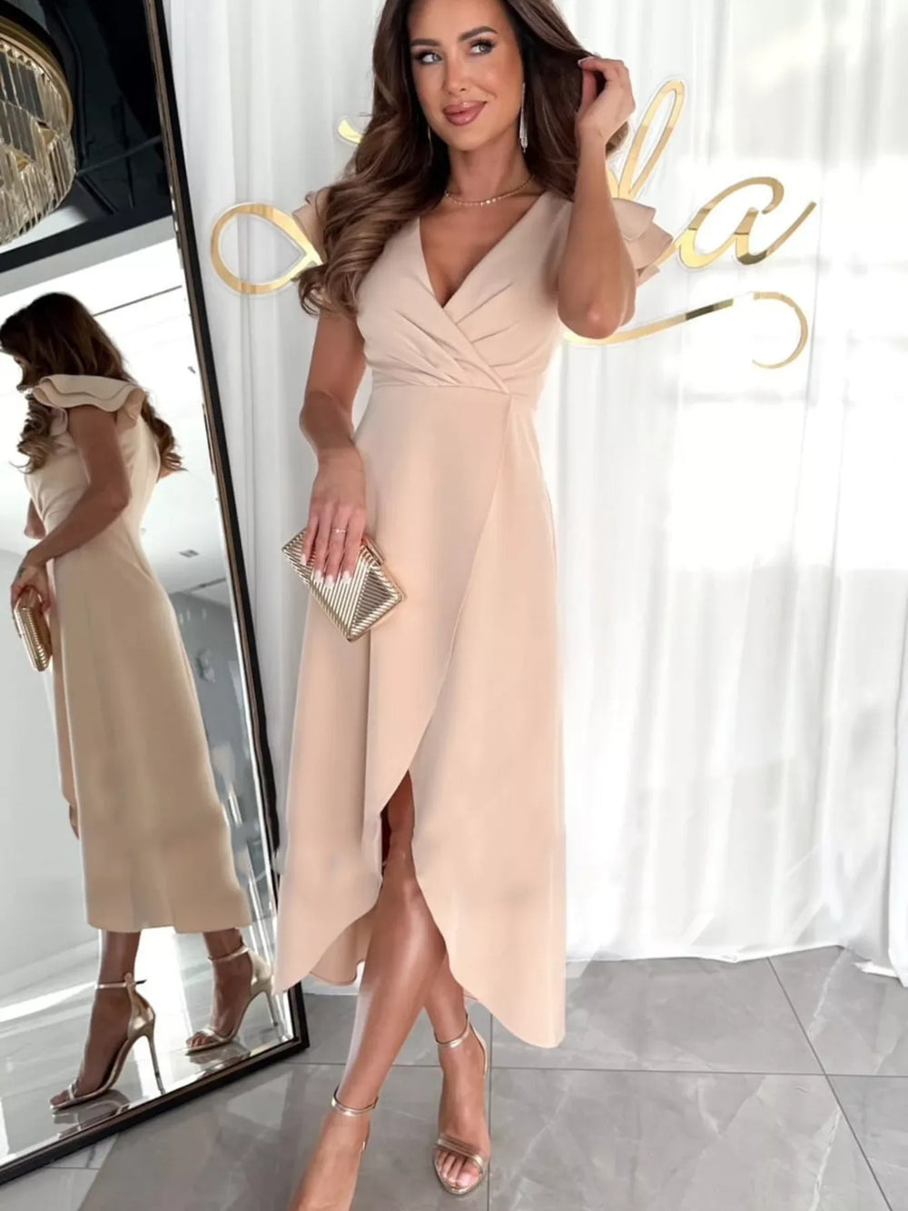 Ruffle Sleeve Wrap Midi Dress - Trendsi - Flyclothing LLC