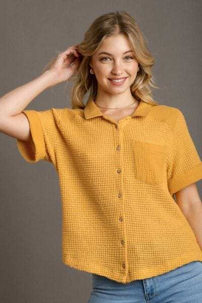 Umgee Full Size Waffle-Knit Short Sleeve Button Down Shirt Plus Size - Trendsi - Flyclothing LLC