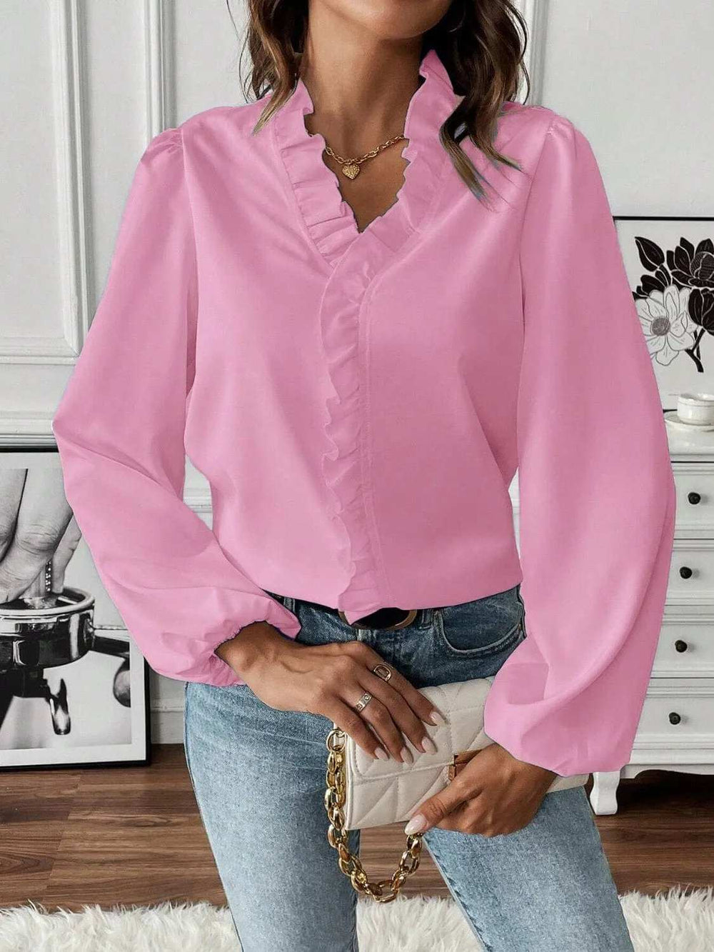Ruffled V-Neck Long Sleeve Blouse - Trendsi - Flyclothing LLC