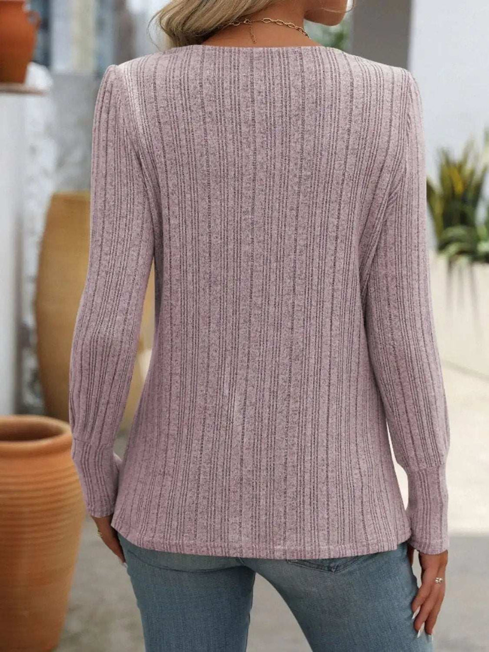 Decorative Button Striped Square Neck Long Sleeve T-Shirt - Trendsi - Flyclothing LLC