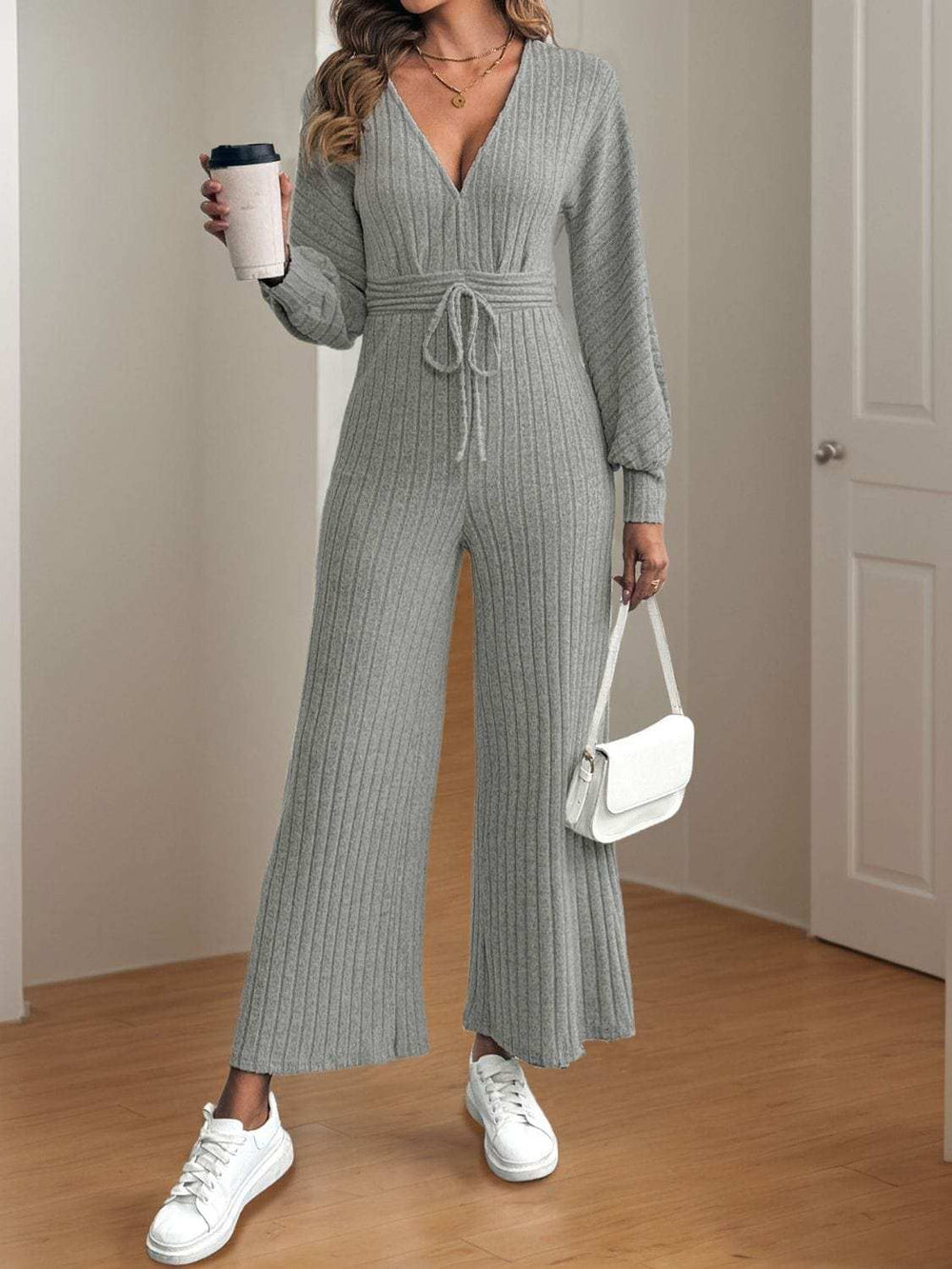 V-Neck Long Sleeve Wide Leg Jumpsuit - Trendsi - Flyclothing LLC