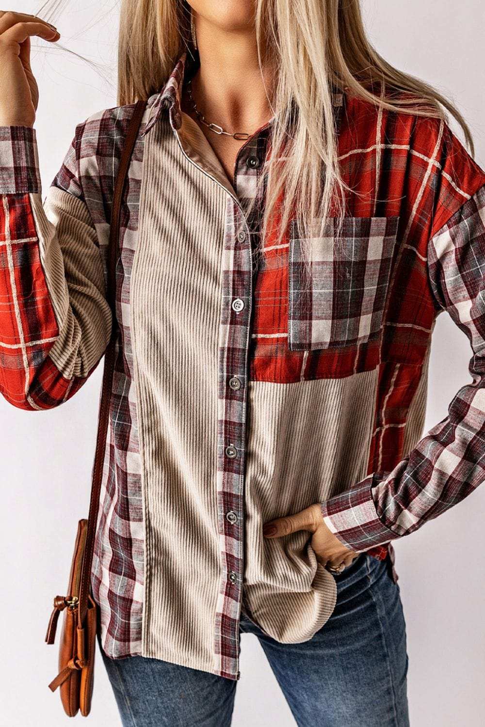 Plaid Patchwork Collared Neck Shacket - Trendsi - Flyclothing LLC