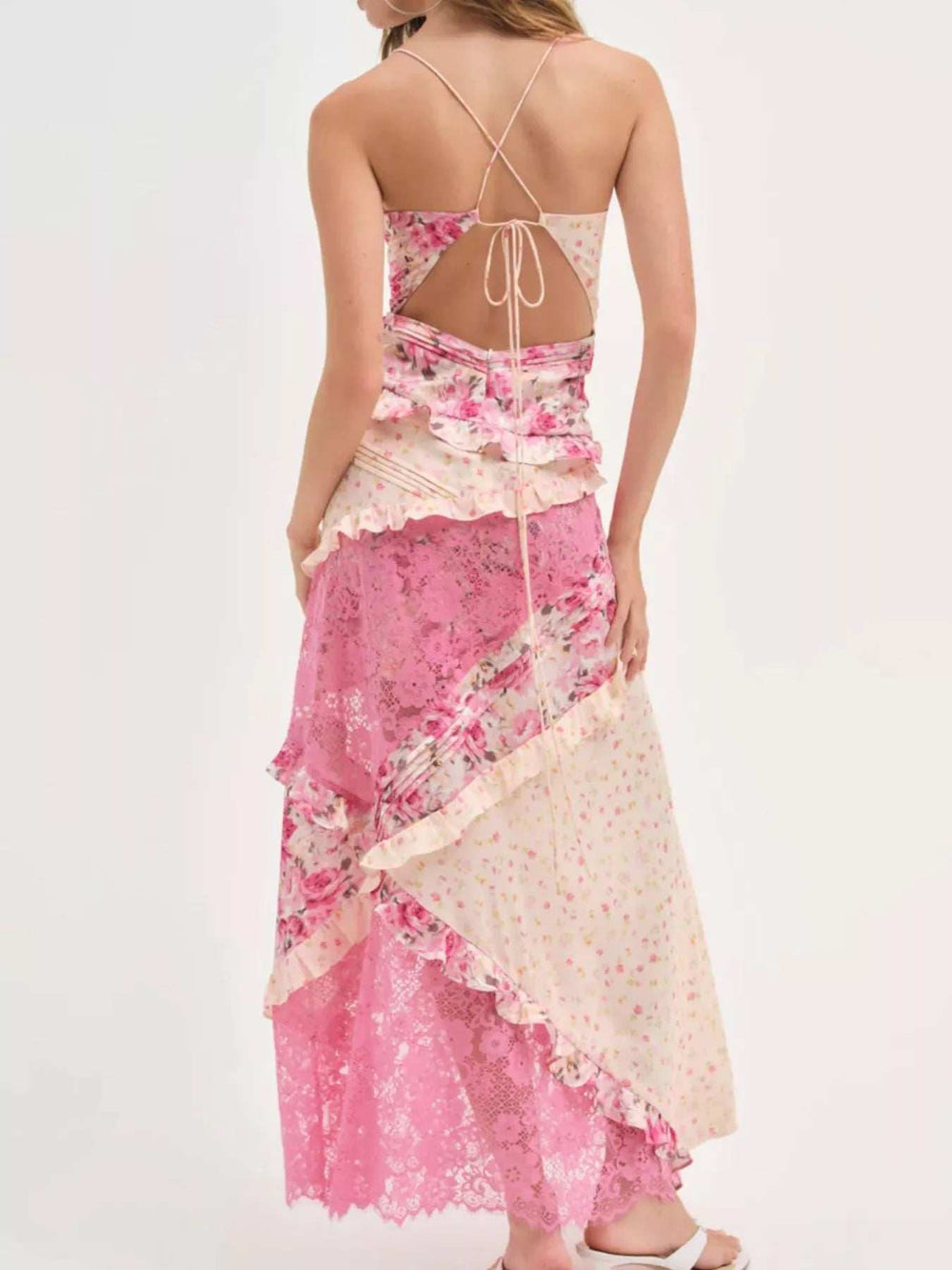 Lace Detail Ruffled Floral V-Neck Maxi Dress - Trendsi - Flyclothing LLC