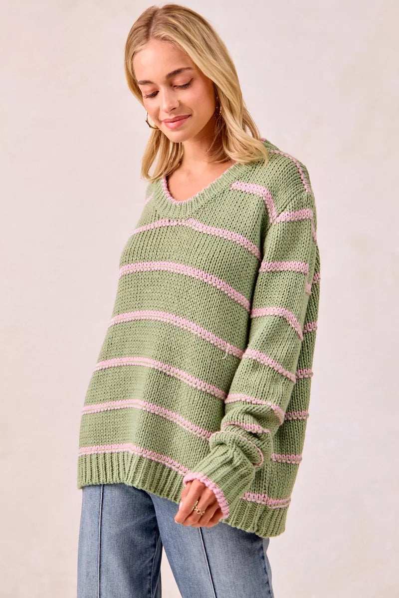 BiBi Striped Long Sleeve Sweater - Trendsi - Flyclothing LLC