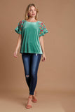 Umgee Velvet Embroidery Short Sleeve Blouse - Trendsi - Flyclothing LLC