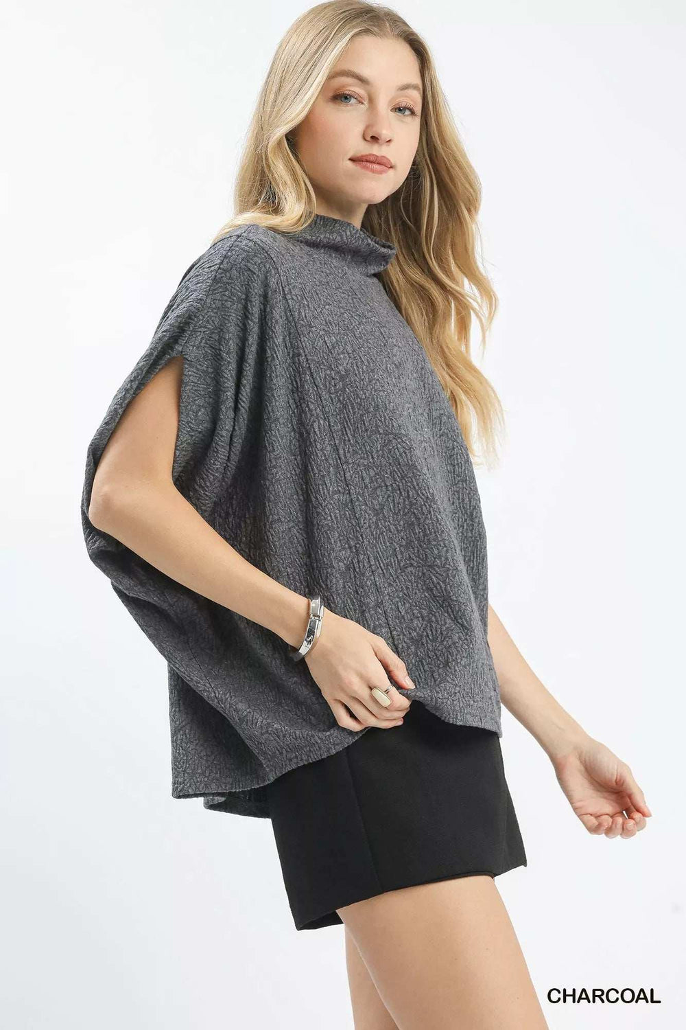 Umgee Textured Mock Neck Relaxed Top - Trendsi - Flyclothing LLC