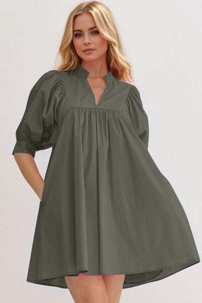 Oh Frill Notched Puff Sleeve Babydoll Mini Dress - Trendsi - Flyclothing LLC