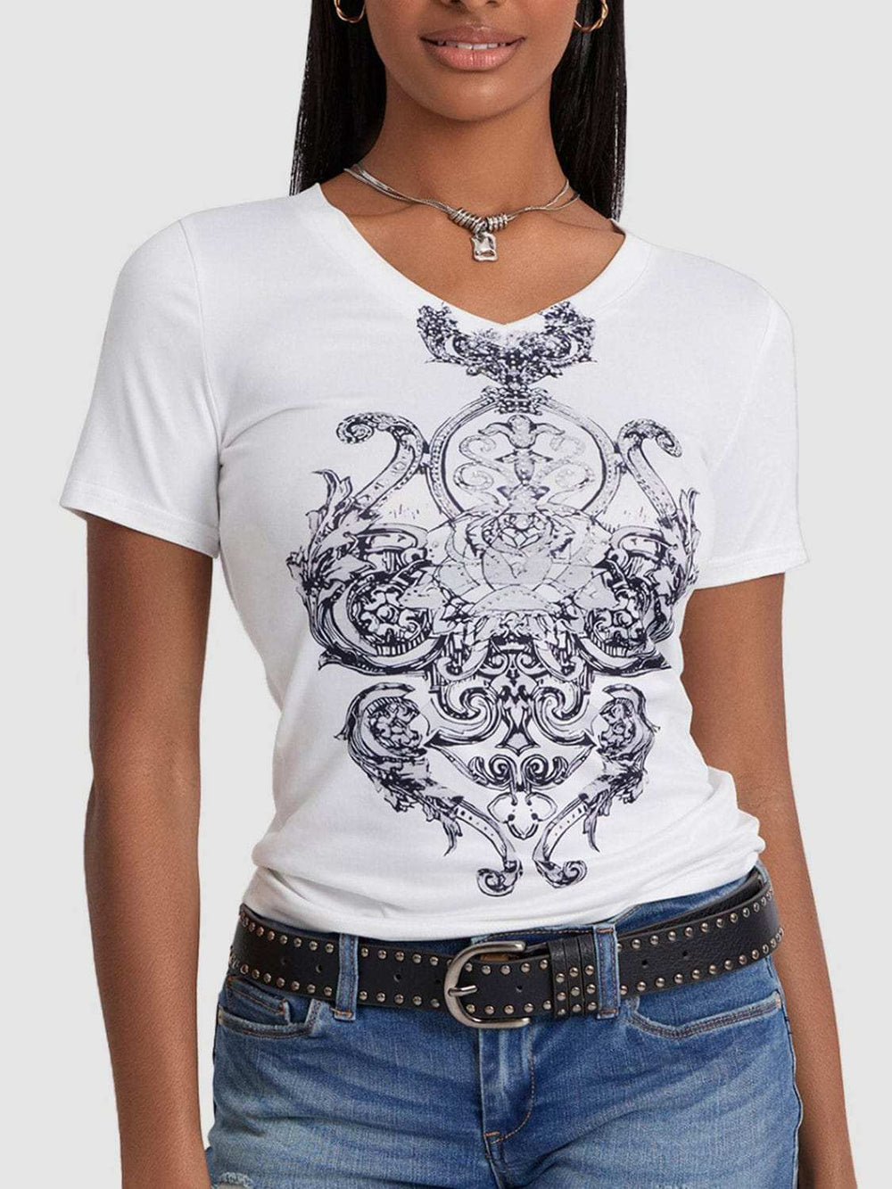 Graphic V-Neck Short Sleeve T-Shirt - Trendsi - Flyclothing LLC