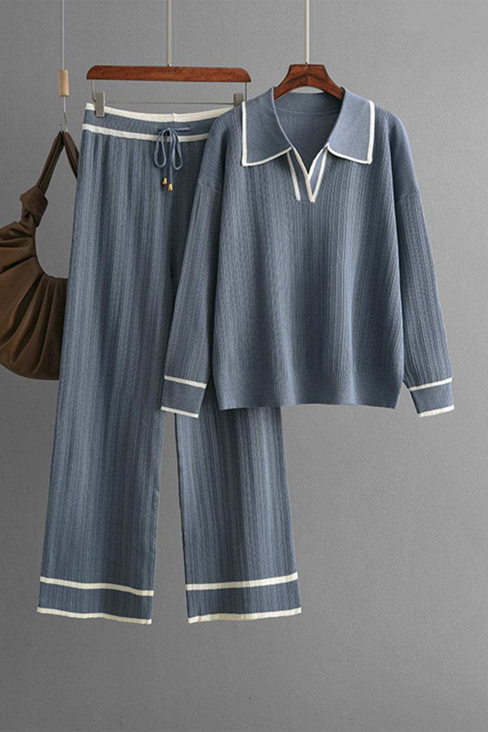 Contrast Trim Johnny Collar Top and Drawstring Pants Sweater Set - Trendsi - Flyclothing LLC