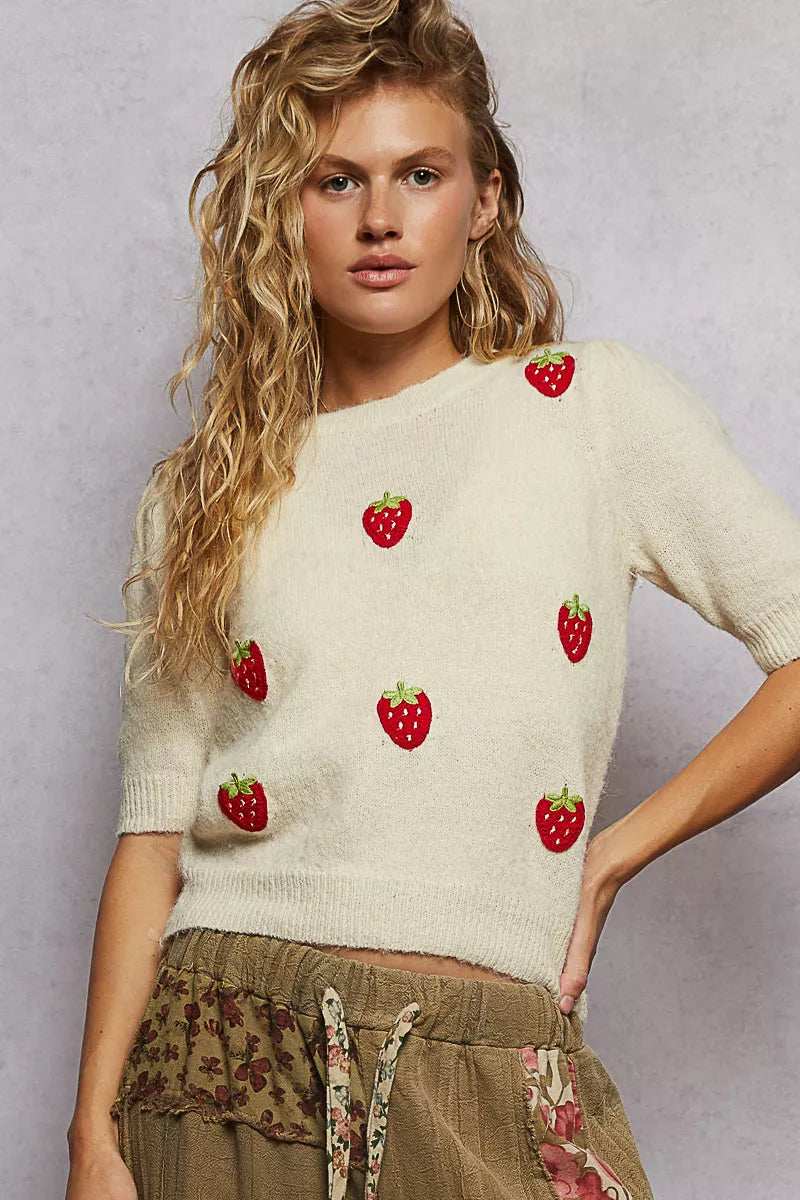 POL Round Neck Strawberry Patch Sweater with Shirring Shoulder - Trendsi - Flyclothing LLC