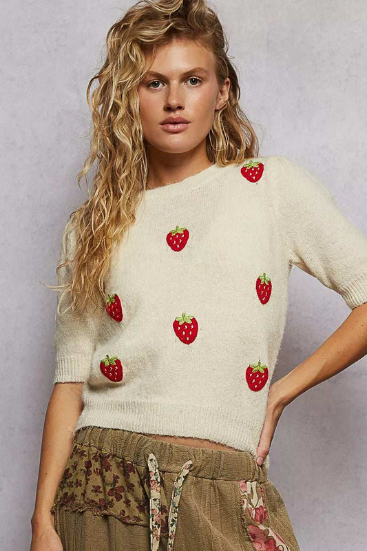 POL Round Neck Strawberry Patch Sweater with Shirring Shoulder - Trendsi - Flyclothing LLC