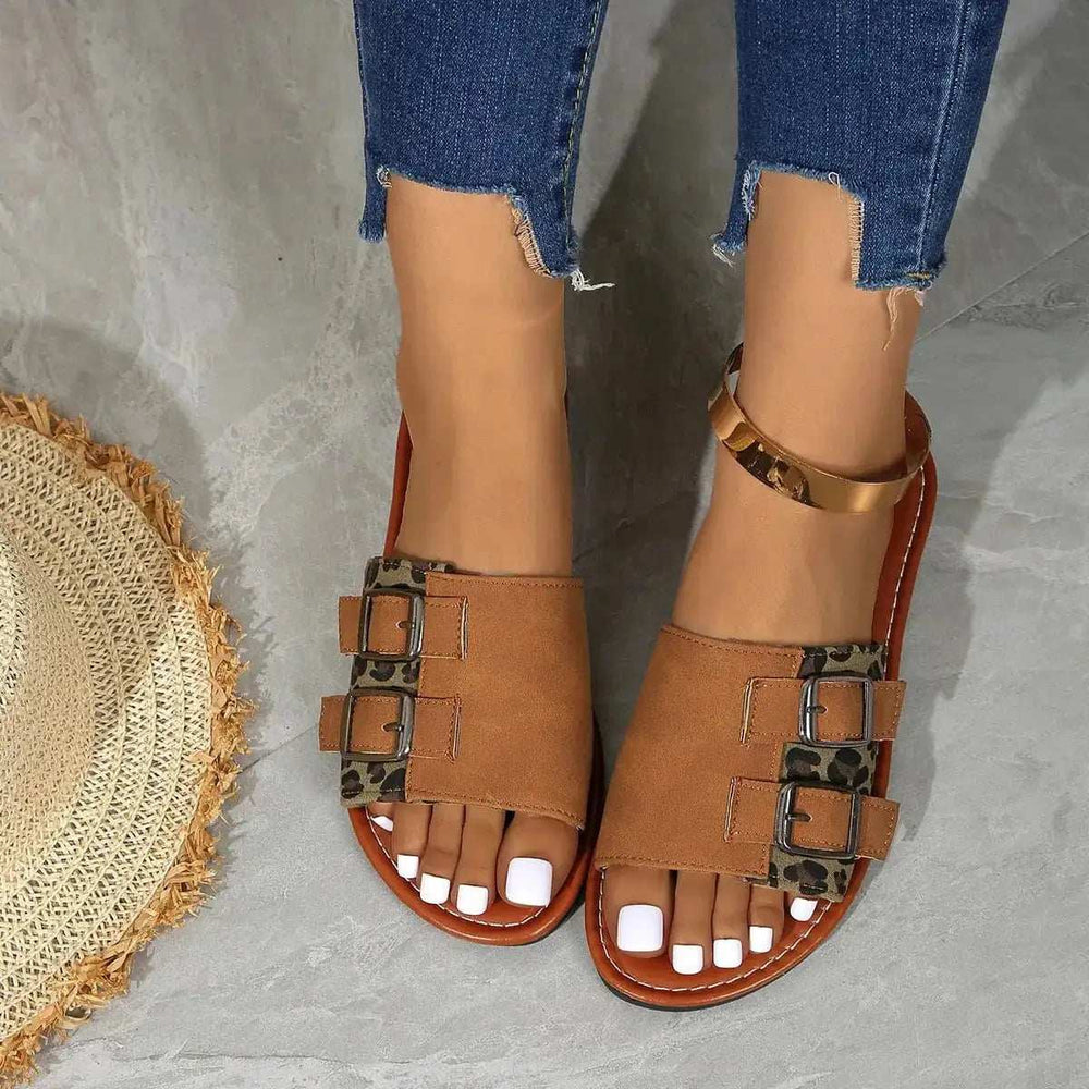 Leopard Open Toe Flat Sandals - Trendsi - Flyclothing LLC