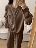 Pocketed Round Neck Button Up Cardigan and Pants Sweater Set - Trendsi - Flyclothing LLC