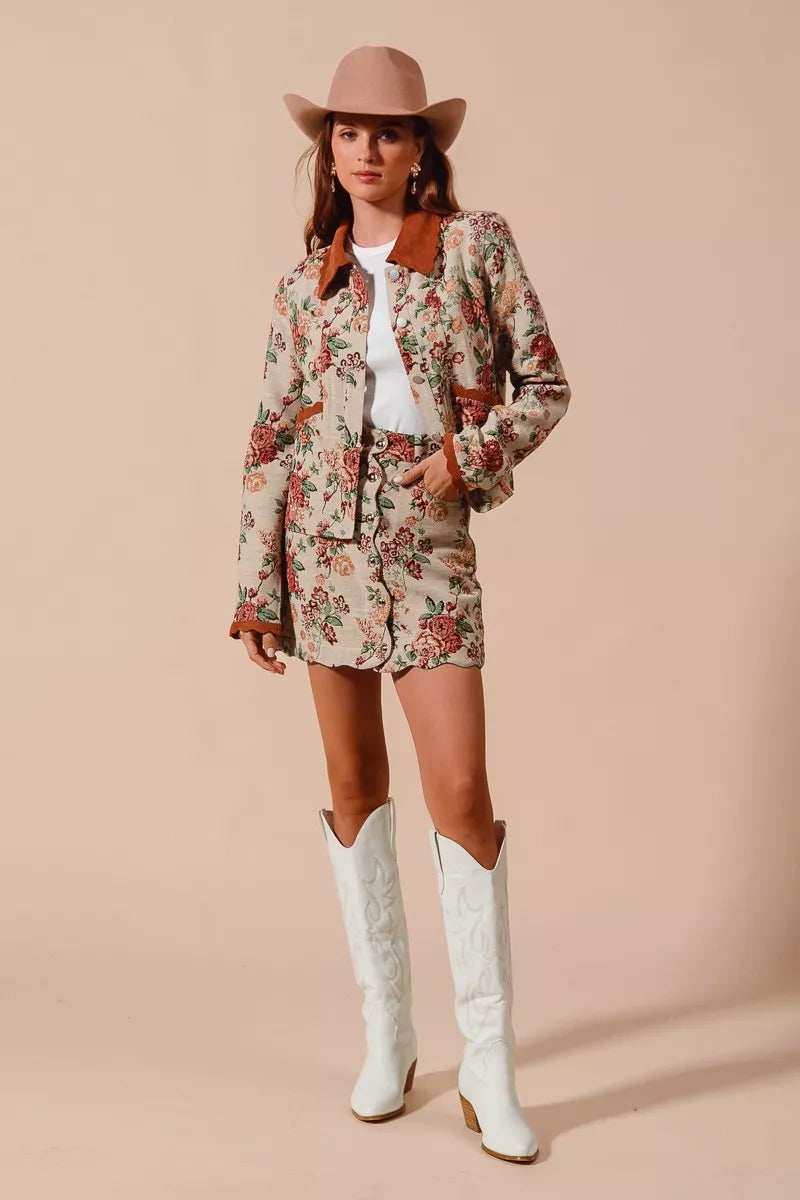 SO ME Floral Jacquard Button Front Mini Skirt with Scall - Trendsi - Flyclothing LLC