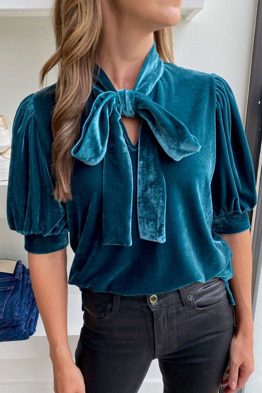 Tie Neck Half Sleeve Blouse - Trendsi - Flyclothing LLC