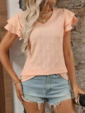 Eyelet V-Neck Ruffled Cap Sleeve Top - Trendsi - Flyclothing LLC