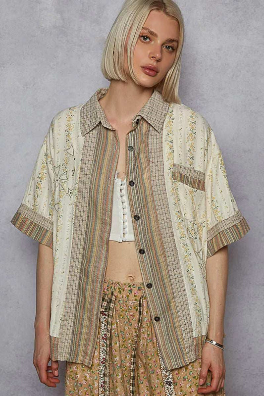 POL Printed Button Down Patchwork Short Sleeve Shirt - Trendsi - Flyclothing LLC