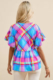 Plaid V-Neck Short Sleeve Blouse - Trendsi - Flyclothing LLC