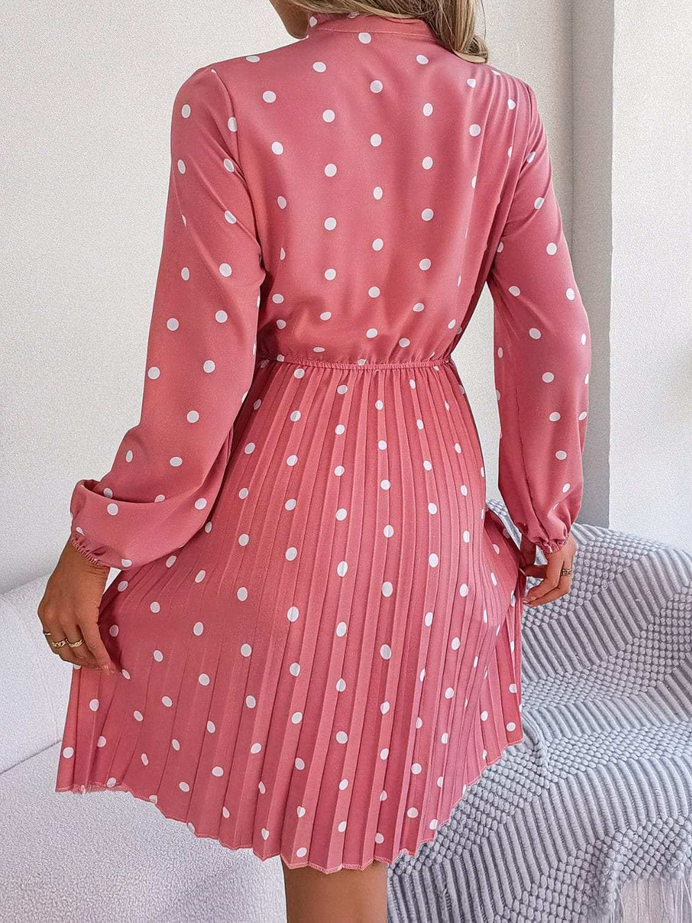 Polka Dot Tie Neck Pleated Dress - Trendsi - Flyclothing LLC