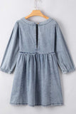 Cutout Round Neck Balloon Sleeve Denim Dress - Trendsi - Flyclothing LLC