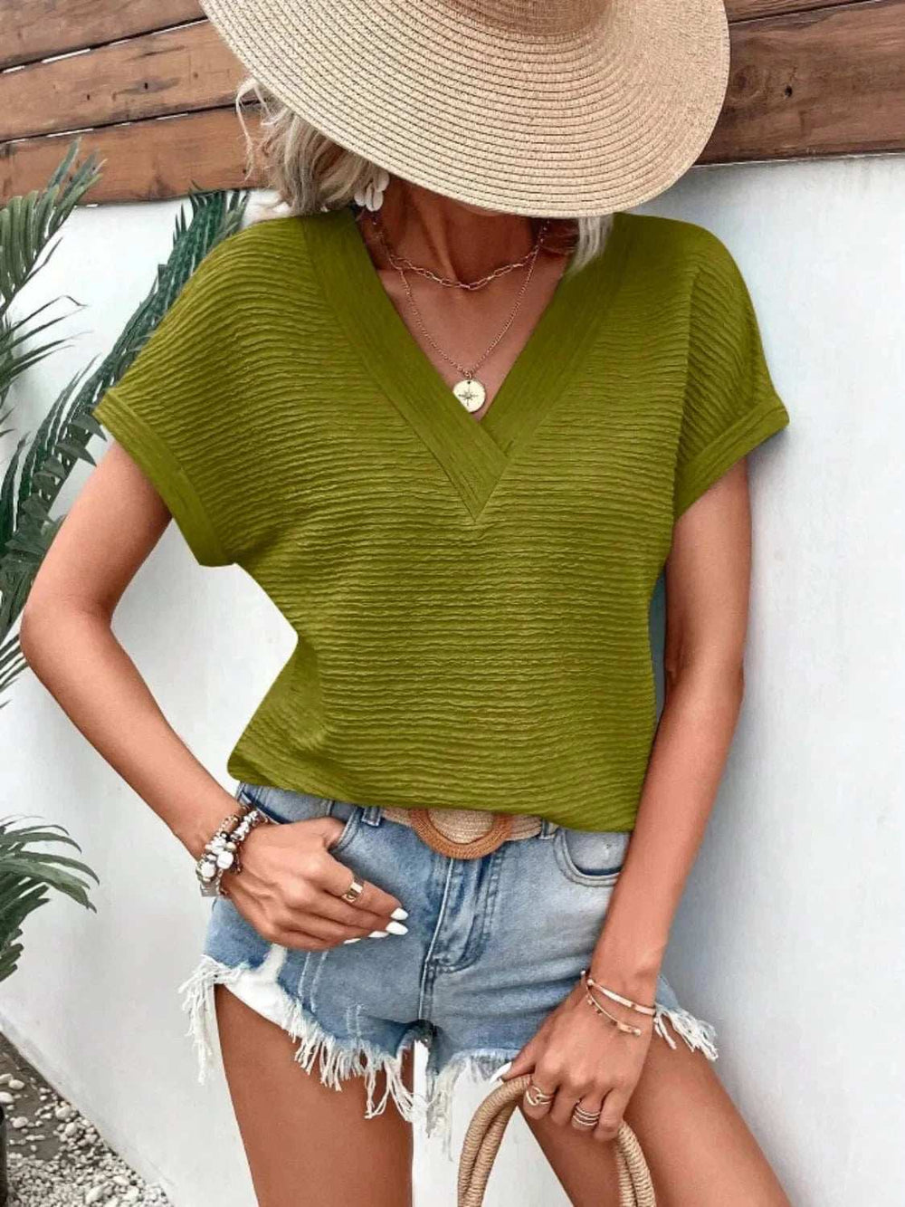 Textured Solid Color Short Sleeve Top - Trendsi - Flyclothing LLC
