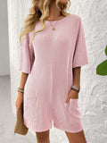 Backless Textured Round Neck Half Sleeve Romper - Trendsi - Flyclothing LLC