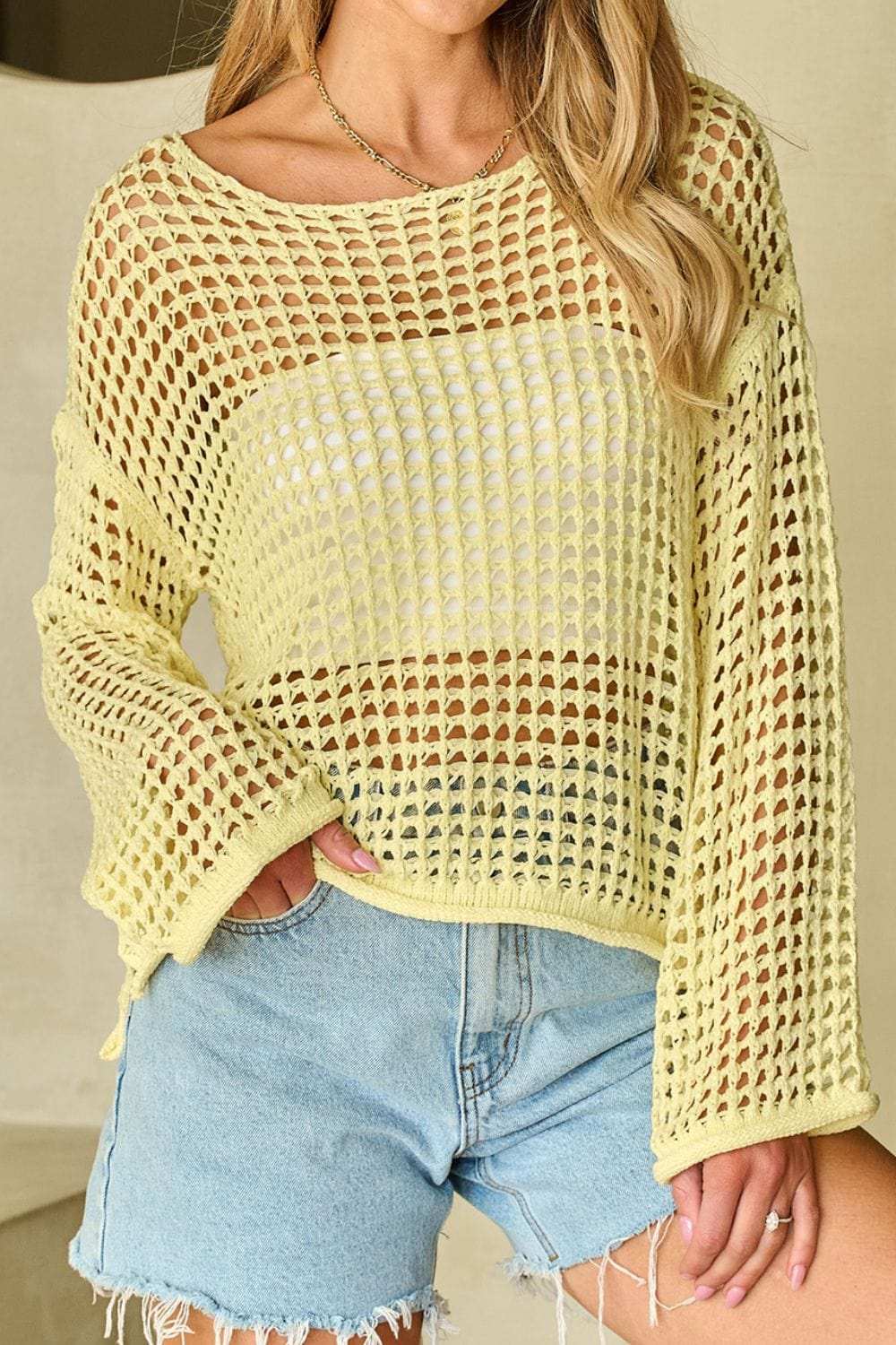 Openwork Round Neck Dropped Shoulder Knit Cover Up - Trendsi - Flyclothing LLC