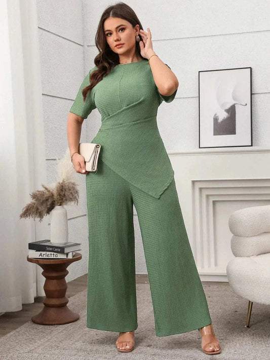 Plus Size Asymmetrical Round Neck Short Sleeve Top and Pants Set - Trendsi - Flyclothing LLC